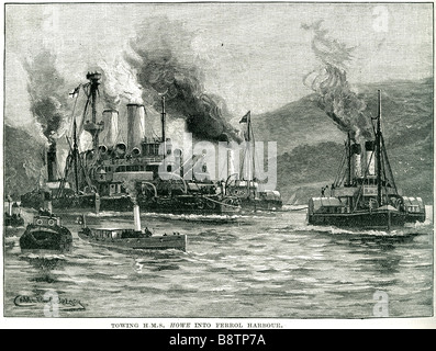 Il traino di H M S Howe ferrol Harbour 1893 Victorian corazzata Royal Navy classe Admiral Foto Stock
