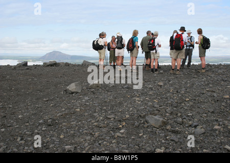 Un gruppo di turisti tedeschi con una guida sulla parte superiore di Hverfjall cono vulcanico vicino Lago Myvatn nel nord dell'Islanda Foto Stock
