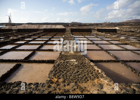 Pool di evaporazione di un abbandonato saltmine, Salinas fare Janubio a Lanzarote, Isole Canarie, Spagna. Foto Stock