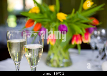 Bicchieri di Champagne fiori tulipani Hote Isle of Wight England Regno Unito Foto Stock