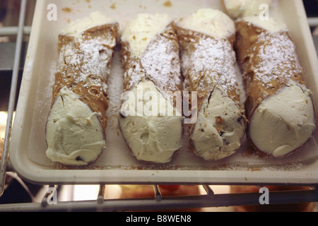 Still Life Fotografia di quattro chip di cioccolato dolci Cannoli su un vassoio in una panetteria vetrina Foto Stock