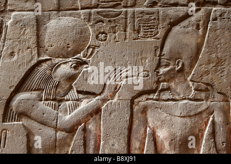 Rilievo di parete che mostra dio egiziano Montu holding ankh alla faccia di un faraone figura, 'close up' dettaglio, Tempio di Luxor, Egitto Foto Stock