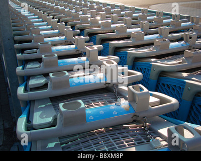 Ordinatamente in fila fila di carrelli della spesa al supermercato Foto Stock