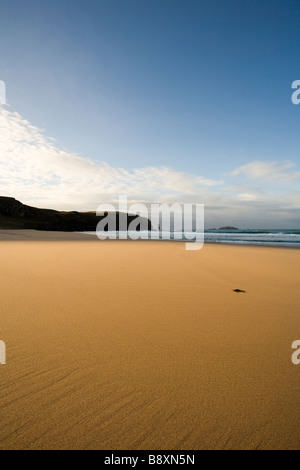 Distesa di sabbia dorata con il blu del cielo e del mare a Sandwood Bay nei pressi di Cape Wrath Scozia compresi Am Buachaille stack del mare Foto Stock
