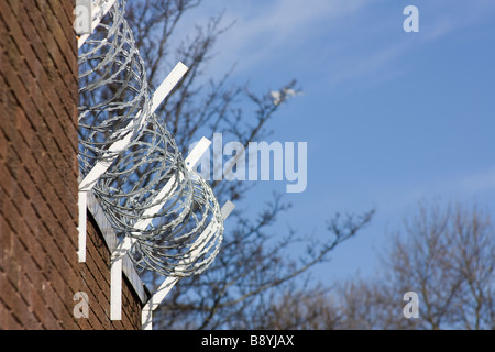 Bobine di filo spinato attaccato al muro di mattoni contro il cielo blu con acciaio zincato staffa di supporto Foto Stock