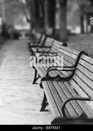 Una fila di legno e metallo panchine lungo un marciapiede in un parco in bianco e nero con sfocatura selettiva Foto Stock