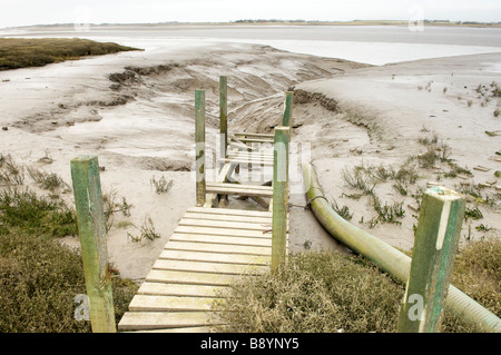 Vecchio abbandonato passerella in legno sulle rive del fiume Wyre,Lancashire, Regno Unito Foto Stock