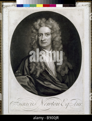 SIR Isaac Newton, incisa una mezzo-tint ritratto, (1642-1727), dopo Sir Godfrey Kneller Foto Stock