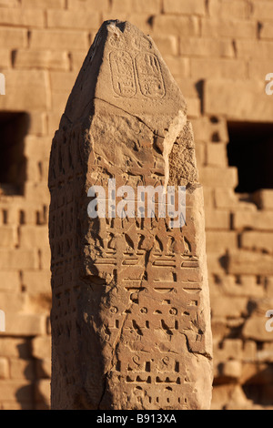 Arenaria intagliata obelisco del faraone Seti II inciso con antichi geroglifici egiziani, Tempio di Karnak Luxor Egitto Foto Stock