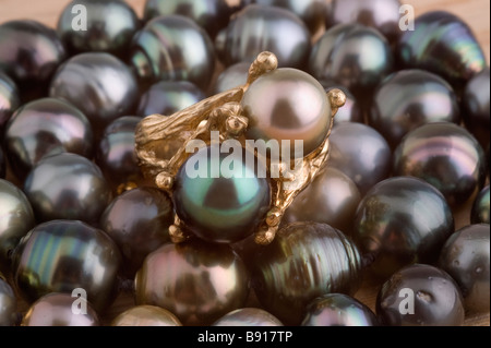 Anello perla, doppietto - argento/bianco perla, perla nera, sul letto di perle Foto Stock