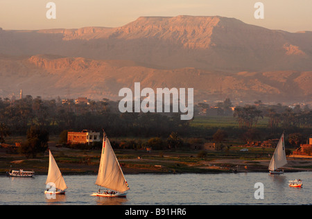 Felucca tradizionali barche a vela su [Fiume Nilo] al crepuscolo, Luxor, Egitto Foto Stock