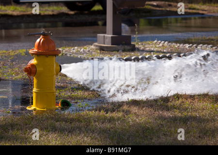 Acqua che sgorga fuori un fuoco aperto idrante Foto Stock