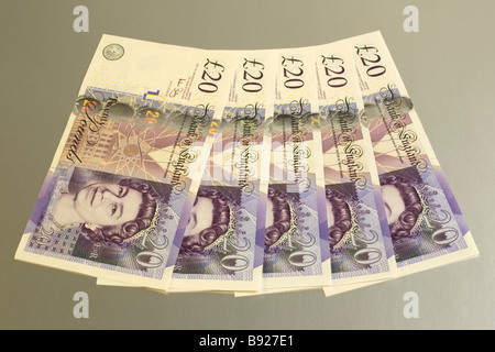 Cinque venti pound note ventaglio Foto Stock