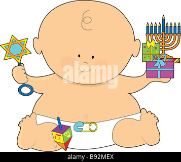 Un bambino vestito in un pannolino e azienda presenta per Hanukkah Foto Stock