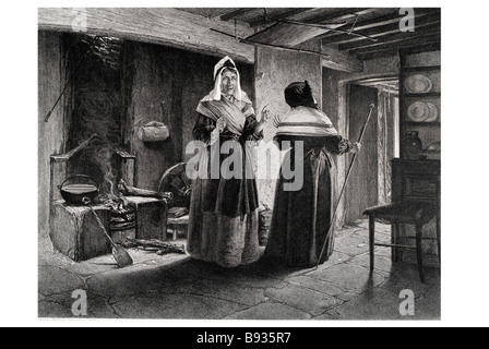 Signora margaret bellenden in mause headriggs cottage casa abito periodo harth soggiorno cucina donne abbigliamento tradizionale vecchia M Foto Stock