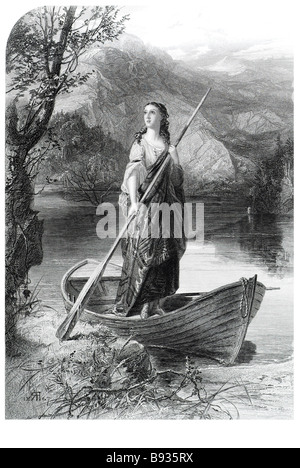 La signora del lago di mito barca a remi acqua shore periodo abito donna campagna bosco selvatico manto della banca la signora del lago i Foto Stock