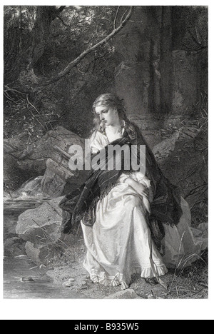 Lucy ashton presso la fontana periodo acqua vestito scialle shore flusso del fiume lago di rocce di macerie donna selvatici lady campagna fuori Foto Stock