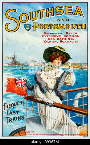 Southsea e Portsmouth 1905 poster con elegante Edwardian lady illustrante le vacanze piaceri della città marina sulla costa sud Foto Stock