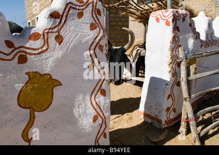 Bella arte e decorazione in villaggi tribali nella regione desertica del Rajasthan, India. Foto Stock