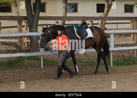 Una giovane ragazza appoggiata al suo cavallo a un evento equestre Foto Stock