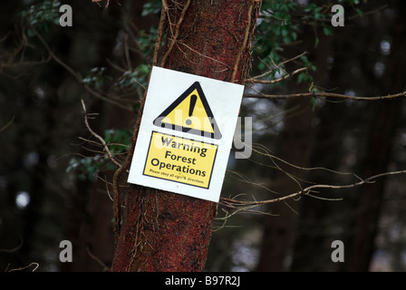 Operazione di foresta segno di avvertimento nel bosco a National Trust di proprietà Knightshayes Court Estate vicino a Tiverton in Devon Foto Stock