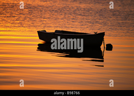 Dinghy ormeggiata in sunrise Foto Stock