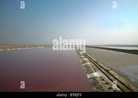 Il sale evaporazione stagni a Sambhar Lago Rajasthan in India Foto Stock