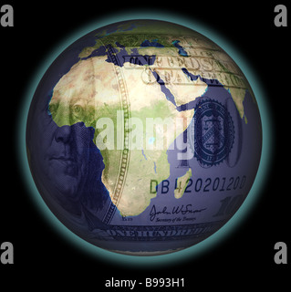Immagine in computer grafica del pianeta terra, con l'Africa sulla faccia del globo, impresso con un centinaio di dollari Foto Stock