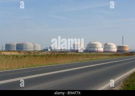 Gas naturale liquido LNG dei serbatoi di stoccaggio sulla griglia nazionale sito isola di Grain Kent England visto attraverso il velo Foto Stock