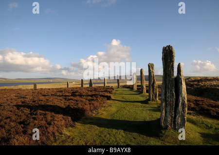 Pietre permanente al Neolitico antico henge dell'anello O'Brodgar, isole Orcadi, Scozia. Foto Stock