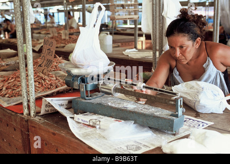 Donna vendita di pesce essiccato al Ver-O-mercato in pesos, Belem, Para, Brasile Foto Stock