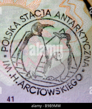 Antartico rare timbro apposto sul passaporto per la permanente Arctowski Polish research station,Admiralty Bay su King George Island,Antartico Foto Stock