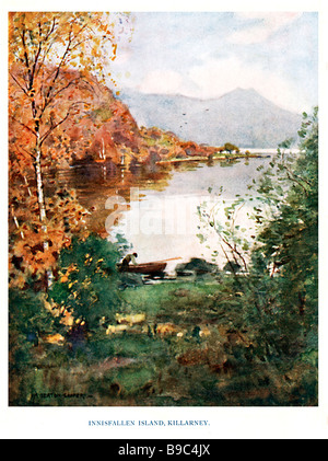 Isola di Innisfallen Killarney 1925 acquerello dell'isola nel lago inferiore dove gli annali di Innisfallen furono scritti Foto Stock