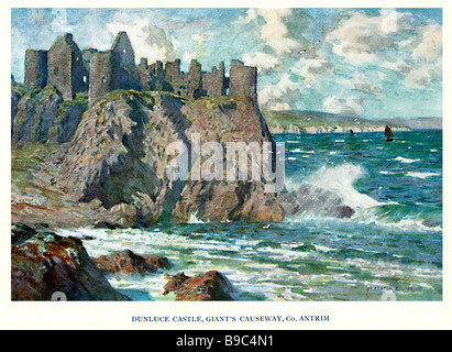 Dunluce Castle Co Antrim 1925 pittura del castello in rovina sulle scogliere di Antrim in Irlanda del Nord Foto Stock