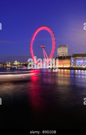 London Eye, Thames di Fiume di notte, Londra, Inghilterra, Regno Unito Foto Stock