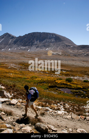 Giorno 1 di funzionamento il John Muir Trail autonomamente. Trail runner aproaching Forester passano in direzione nord. Foto Stock