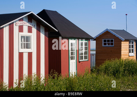 Cabine sulla spiaggia, AErøskøbing AErø isola di Funen in Danimarca Foto Stock