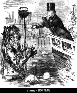 FILTHY THAMES Punch cartoon di 1885 mostra Michael Faraday dando la sua carta telefonica per Padre Tamigi - vedere la descrizione riportata di seguito Foto Stock