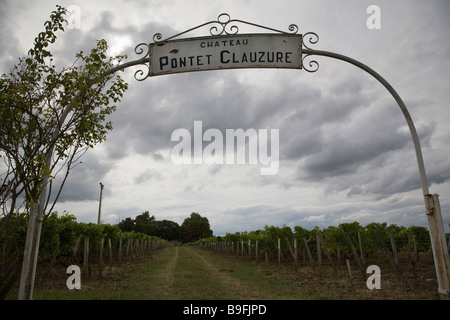 Ingresso ad arco di un vigneto a Chateau Pontet Clauzure, St Emilion, Francia. Foto Stock