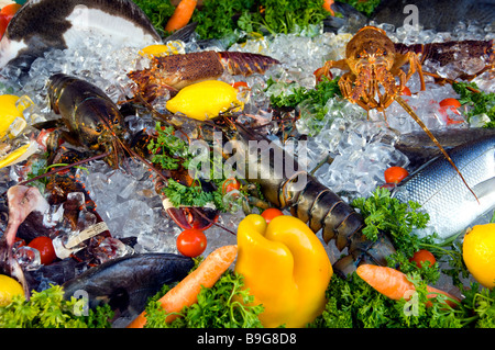 Piatti a base di frutti di mare freschi viene visualizzata all'esterno di ristoranti lungo il Canal Grande a Venezia Italia Foto Stock