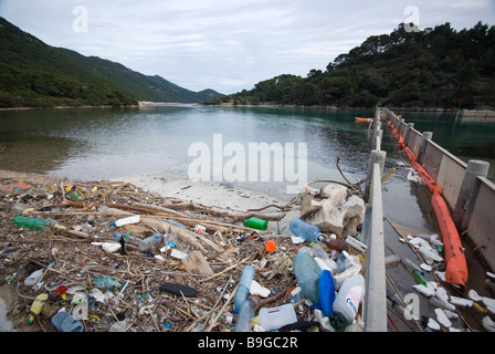 Raccoglie la spazzatura in un ingresso di Mljet National Park, un'isola di fronte alla costa della Dalmazia, Croazia Foto Stock