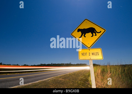 Cartello stradale avvisa gli automobilisti circa in via di estinzione Florida Panther, Everglades National Park, Florida Foto Stock