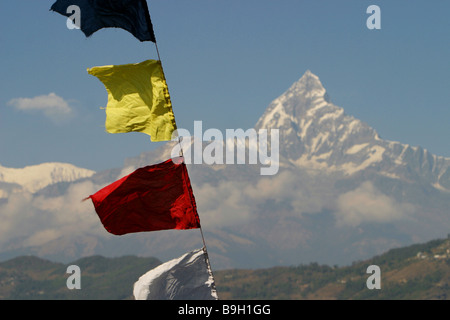 Bandiere di preghiera e la vista della coda di pesce o Machhapuchre mountain accanto all'Himalayan catena Hannapurna in Pokhara, Nepal. Foto Stock