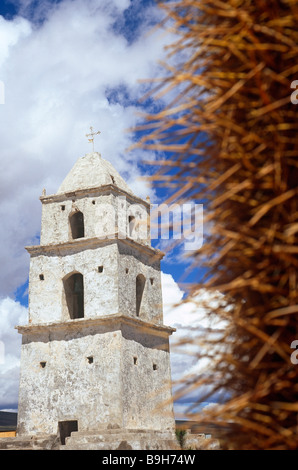 Il Cactus e Adobe Pueblo chiesa, Cariquima, Isluga Parco Nazionale del Cile Foto Stock