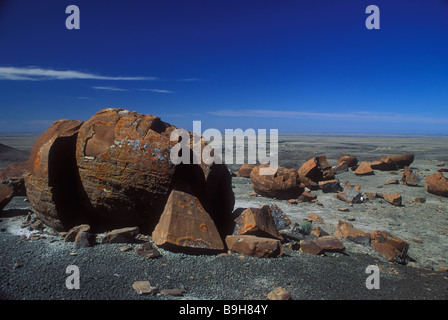 Rossi e grandi massi di arenaria nella prateria al Red Rock Coulee Area naturale vicino a Medicine Hat, Alberta, Canada. Foto Stock