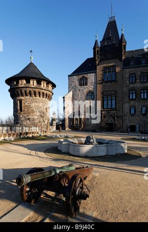 Wernigerode Castle, Terrazza, Torre Hausmann, Harz, Sassonia-Anhalt, Germania, Europa Foto Stock