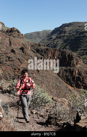 Donna con escursioni a piedi canne, Barranco de Argaga, La Gomera, Canarie, Isole Canarie, Spagna, Europa Foto Stock