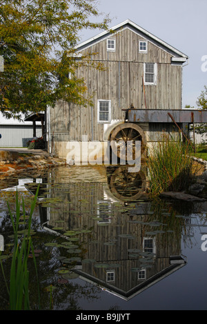 Sauder Village Ohio, Stati Uniti, storico mulino in legno americano con campagna agricola a ruote con laghetto nessuno nessuno vista frontale foto ad alta risoluzione Foto Stock