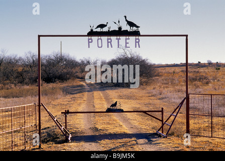 Ferro battuto ranch cancello sulla strada Texas 70 in Great Plains regione nei pressi di Dickens in Dickens County Texas USA Foto Stock
