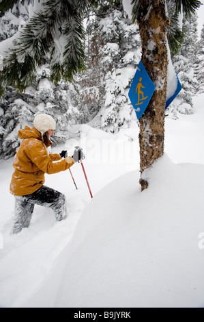 Vista laterale di una metà donna adulta in racchette da neve con bastoncini da sci a camminare lungo un sentiero con racchette da neve sign in polvere profonda in curva, Oregon. Foto Stock